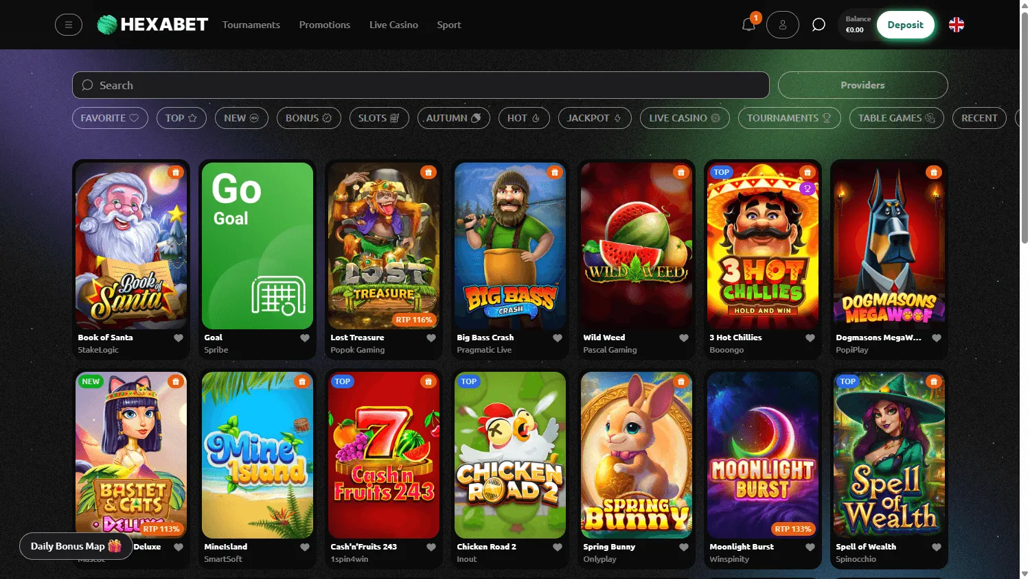 Hexabet Casino game catalogue on desktop