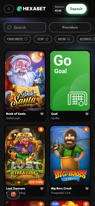 Hexabet Casino game catalogue on a mobile device