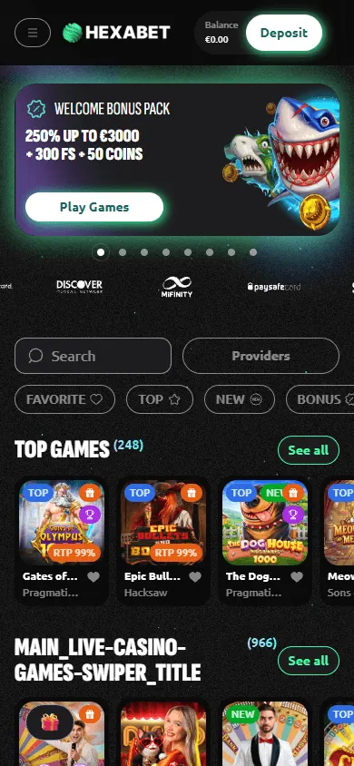 Hexabet Casino home view on a mobile device