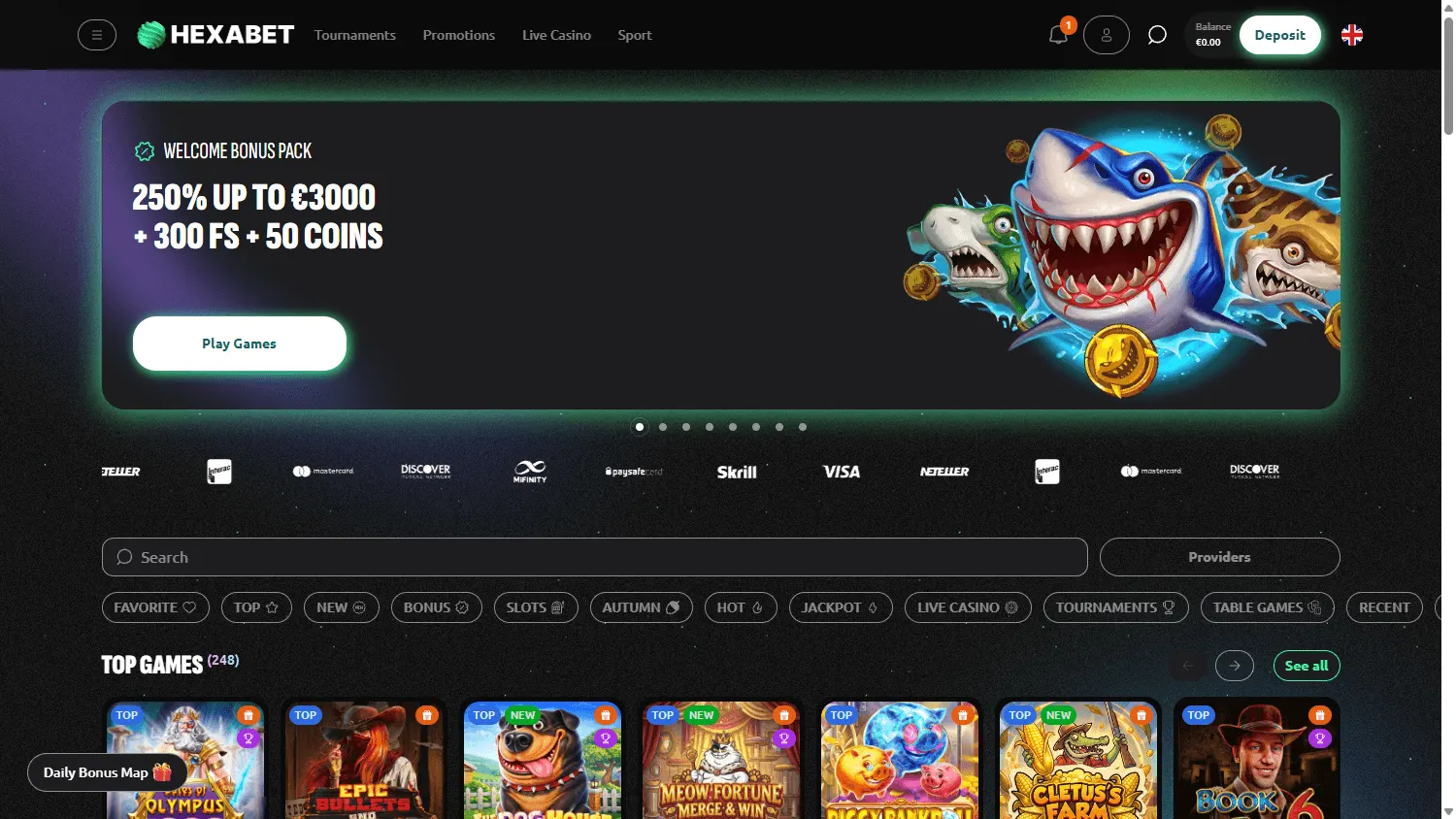Hexabet Casino home view on desktop