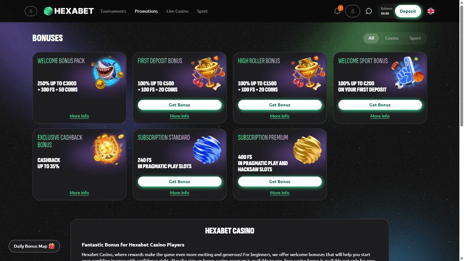 Hexabet Casino promotions area on desktop