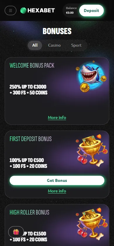 Hexabet Casino promotions area on a mobile device